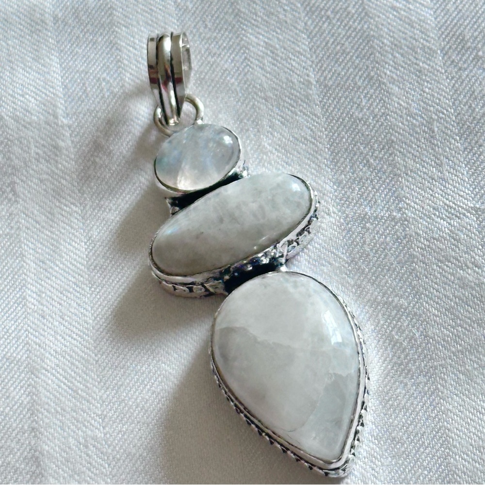 Artisan Statement Rainbow Moonstone Pendant, 3 stones in Elegant Handcrafted